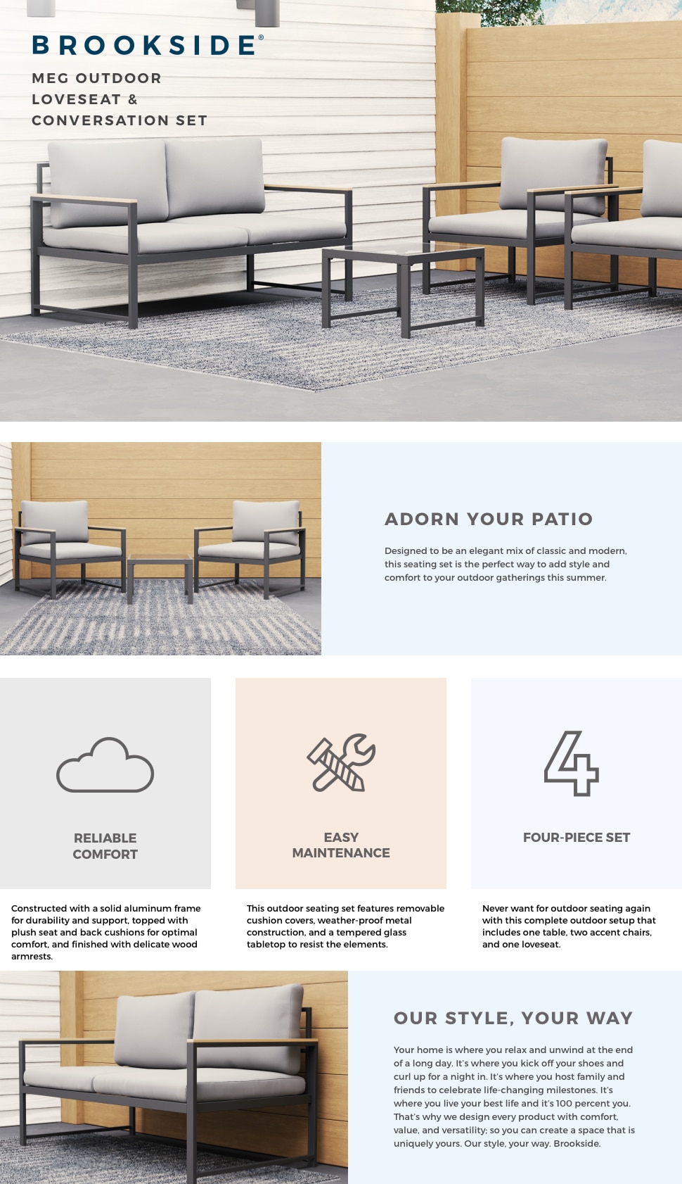 Brookside Meg 4Piece Outdoor Metal Love Seat Patio Conversation